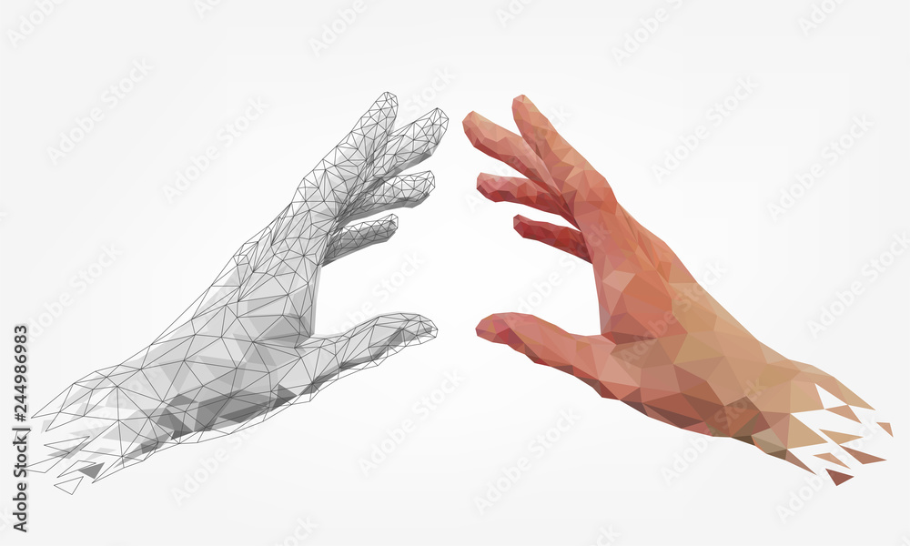 Low polygonal hands, human and robot arms, partnership of people and robots, computer graphics