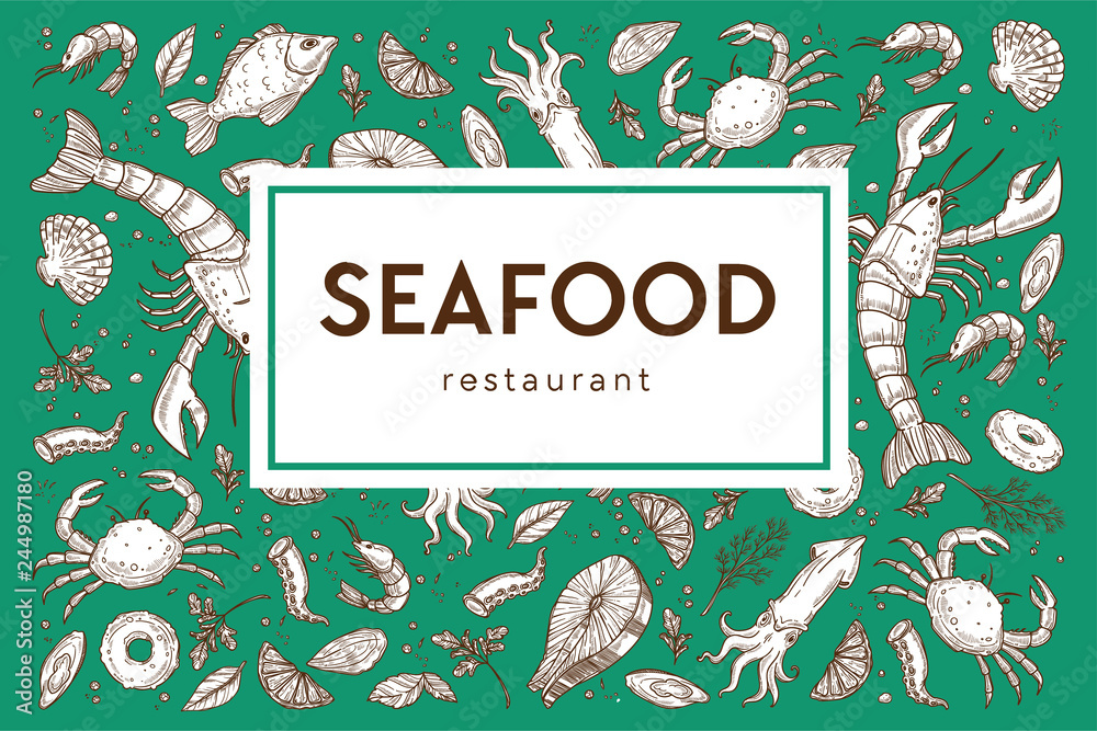 Fototapeta premium Seafood restaurant sketch poster for menu or tablemat template.
