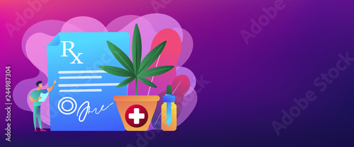 Doctor showing prescription for medical marijuana, bottle with cbd oil. Medical marijuana, medical cannabis, cannabinoids medicinal drugs concepts. Header or footer banner template with copy space.