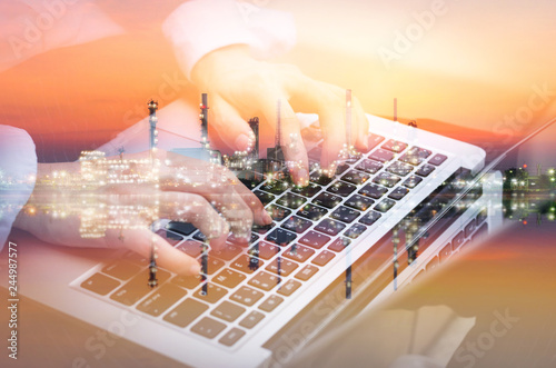 attractive woman hands typing on keyboard computer laptop workin photo