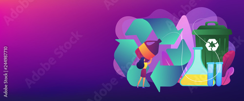 Businesswoman recycling plastic detergent bottle to produce chemicals. Chemical recycling, plastics recycling method, polymeric wastes reuse concept. Header or footer banner template with copy space.