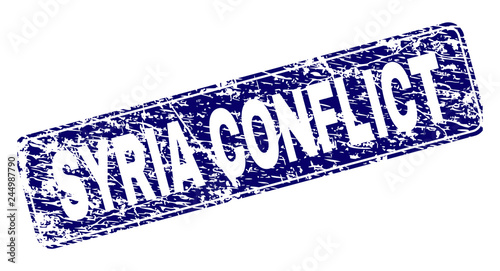 SYRIA CONFLICT stamp seal print with grunge style. Seal shape is a rounded rectangle with frame. Blue vector rubber print of SYRIA CONFLICT caption with grunge texture.