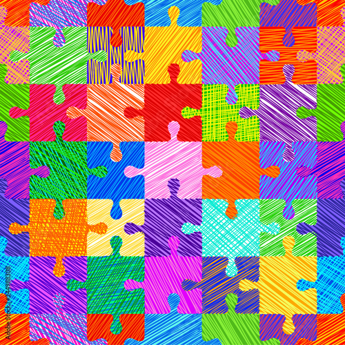 Seamless colorful pattern with puzzles, jigsaw, children's pattern, sketch style