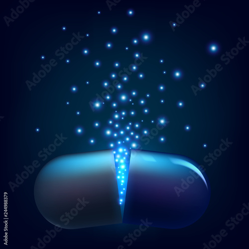 Opened pill with medicine, luminous molecules of medicine, capsule with medicine