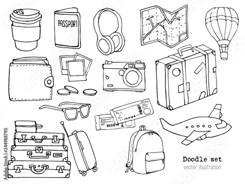 Set of hand drawn travel doodle. Vector illustration. Vacation or Time to Travel concept. Tourism and trip sketch with cartoon elements. Map, suitcase, airplane, camera, passport, tickets, smartphone