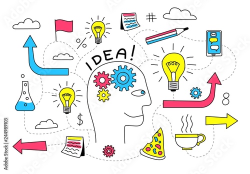 Creative Idea in the head of a person is abstract doodle flowchart with various icons. Vector illustration.