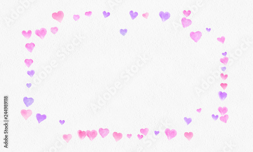 Heart shapes watercolor background. Romantic Confetti splash. Background with Heart Confetti. Falling red and pink paper hearts. Greeting wedding card. February 14. illustration.   © Free Ukraine&Belarus
