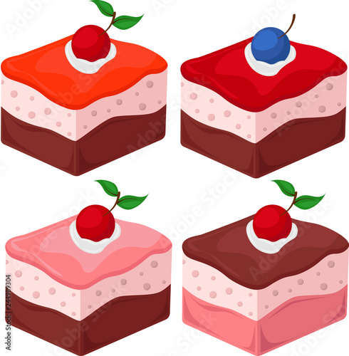 Sweet cake with cherry. Vector icon of sweet cake with jelly and souffle layers and raspberry jam. Set of four cakes.
