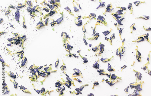 Dry flowers of clitoria close up. Blue tea, anchan.