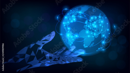 Сommunication technologies, Internet, web, globalization. Blue Earth in low poly arm