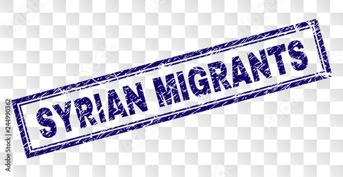 SYRIAN MIGRANTS stamp seal print with rubber print style and double framed rectangle shape. Stamp is placed on a transparent background.