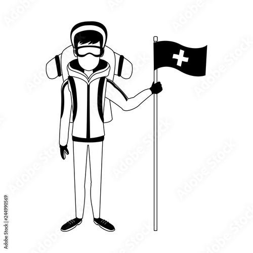 Alpinist man cartoon in black and white