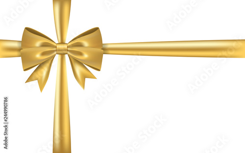 Gold gift bow ribbon. Golden bow tie isolated on white background. 3D shiny gift bow tie for Christmas present, holiday decoration, birthday. Silk ribbon for invitation. Vector illustration
