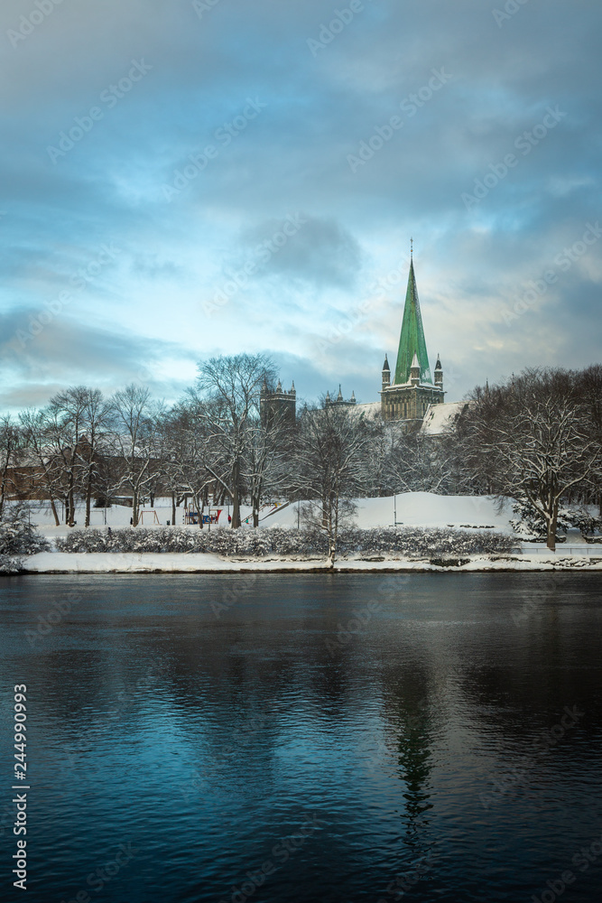 Nidarosdomen Cathedral in Trondheim. Beautiful wintertime.