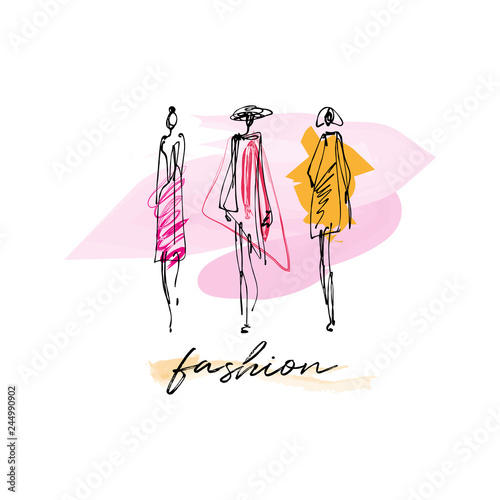 Fashion models hand drawn sketch, stylized ink silhouettes isolated on white background