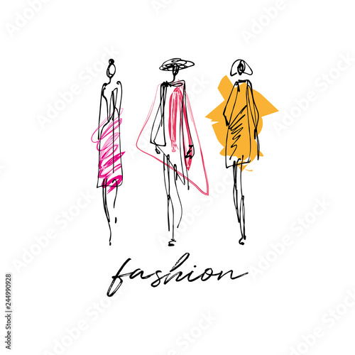 Fashion models hand drawn sketch, stylized ink silhouettes isolated on white background