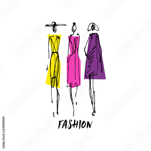 Fashion models hand drawn sketch, stylized ink silhouettes isolated on white background