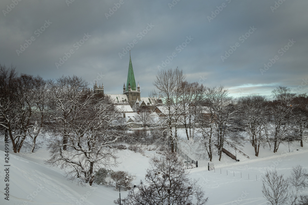 Nidarosdomen Cathedral in Trondheim. Beautiful wintertime.