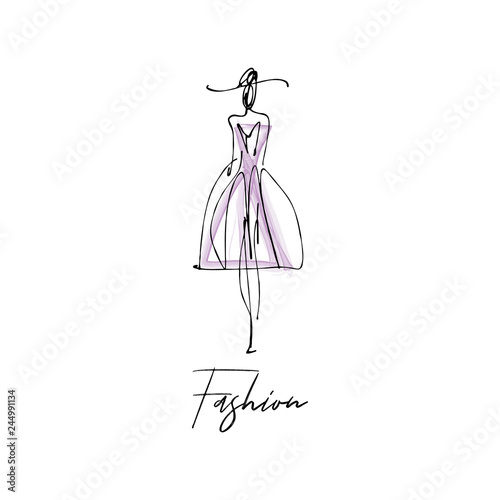 Woman with hat. Fashion model hand drawn sketch, stylized ink silhouette