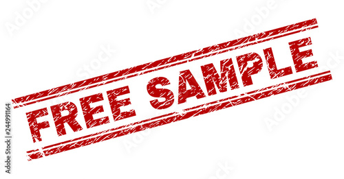 FREE SAMPLE seal print with corroded texture. Red vector rubber print of FREE SAMPLE caption with grunge texture. Text label is placed between double parallel lines.