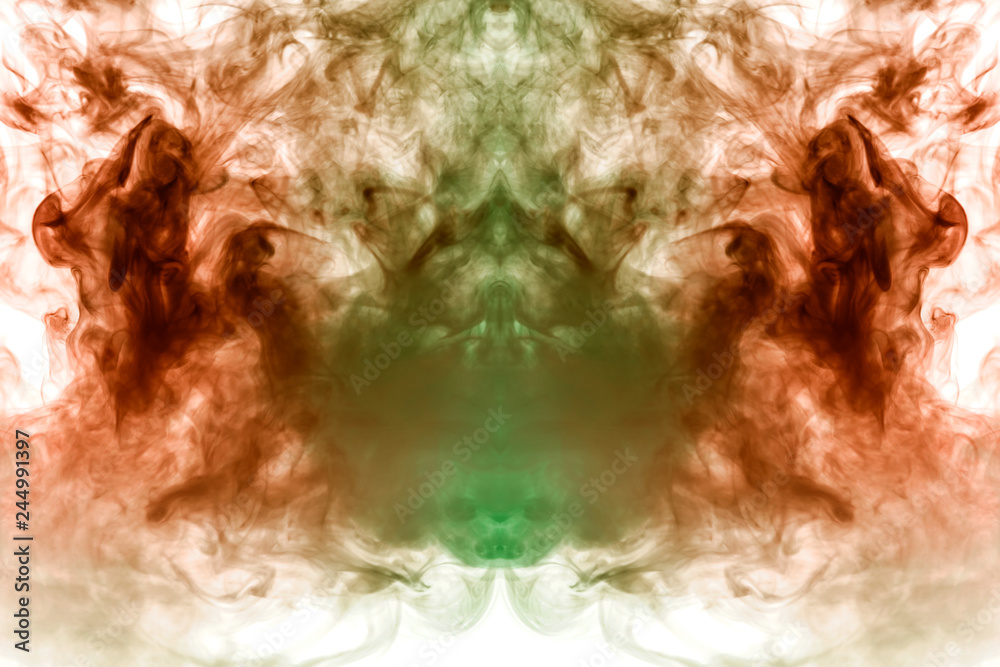 A background of green, red and gray wavy smoke in the shape of a ghost's head or a man of mystical appearance on a white isolated ground. Bright abstract pattern of steam from vape.