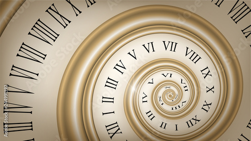 Background with gold spiral dial, clock. Time, eternity metaphor