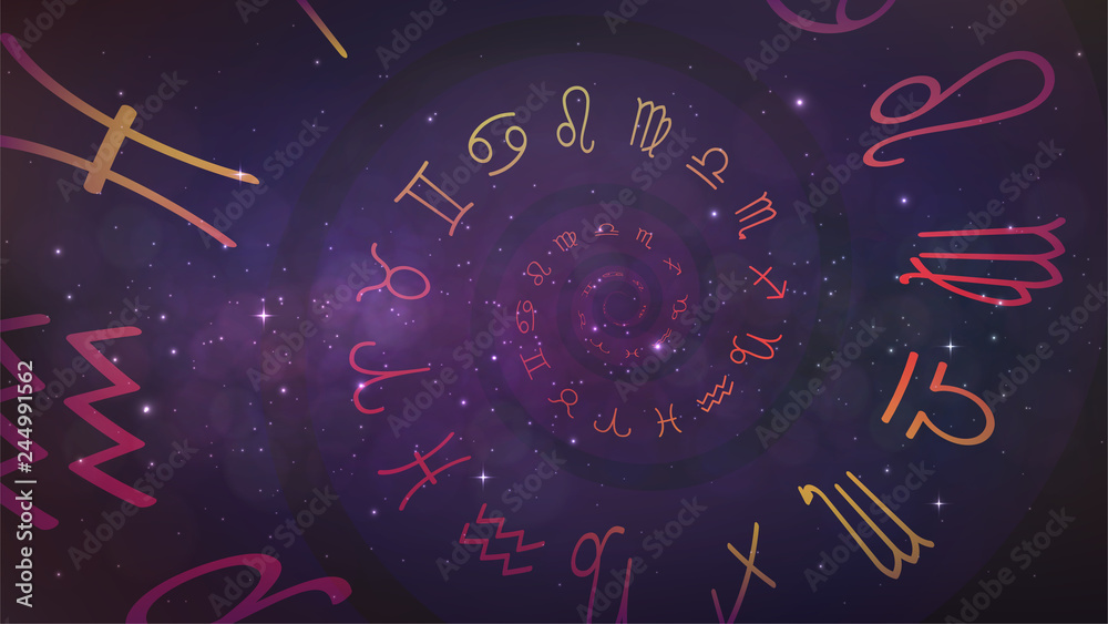 Background with spiral symbols of the zodiac signs in space. Astrology,  esotericism, prediction of the future. Stock Vector | Adobe Stock