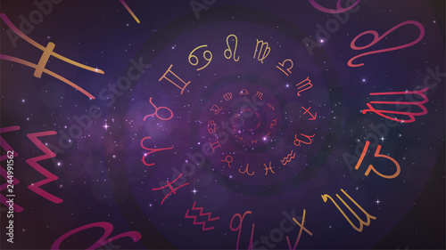Background with spiral symbols of the zodiac signs in space. Astrology, esotericism, prediction of the future. photo