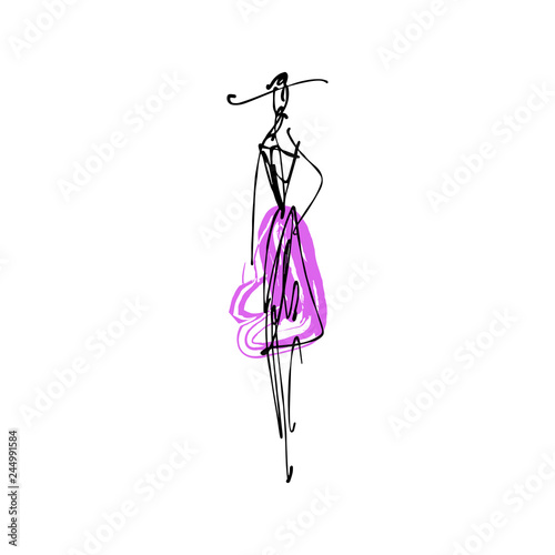 Woman with hat. Fashion model hand drawn sketch, stylized ink silhouette