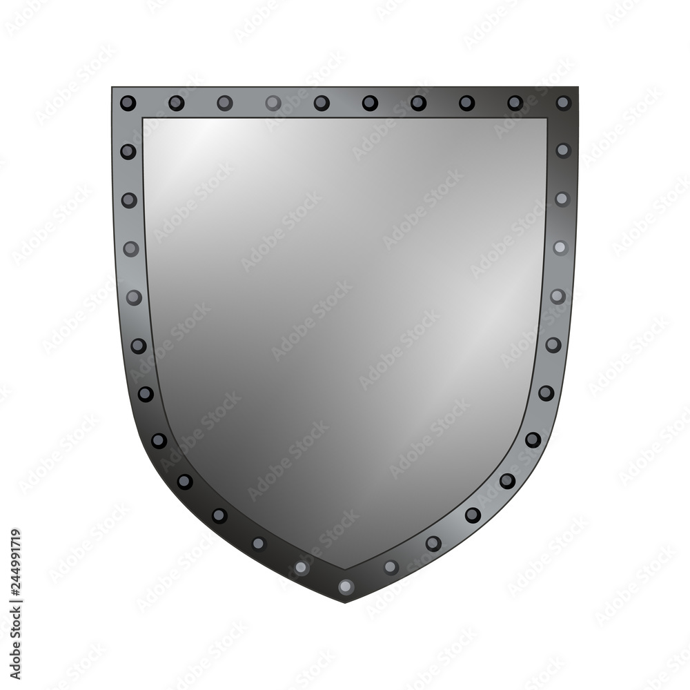 Silver shield shape icon. 3D gray emblem sign isolated on white background. Symbol of security, power, protection. Badge shape shield graphic design. Vector illustration