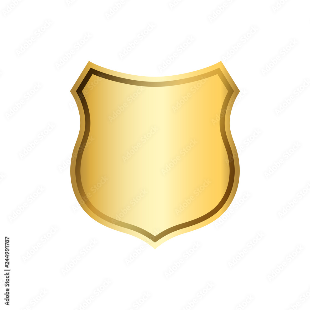 Gold shield shape icon. 3D golden emblem sign isolated on white background. Symbol of security, power, protection. Badge shape shield graphic design. Vector illustration Gold shield shape icon. 3D golden emblem sign isolated on white background. Symbol of security, power, protection. Badge shape shield graphic design. Vector illustration