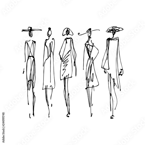 Fashion models hand drawn sketch, stylized ink silhouettes isolated on white background