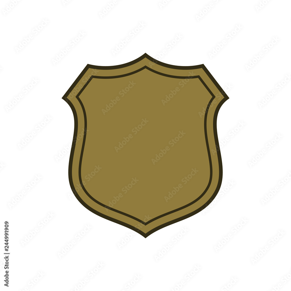 Shield shape gold icon. Simple flat logo on white background. Symbol of security, protection, safety, strong. Element badge for secure protect design emblem decoration Vector illustration