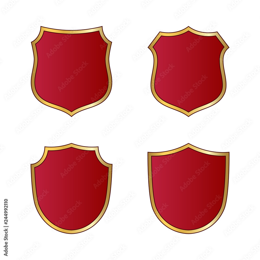 Gold and red shield shape icons set. Logo emblem metallic signs isolated on white background. Shape shield symbol of security, protection or armor, safe. Shiny element design. Vector illustration Gold and red shield shape icons set. Logo emblem metallic signs isolated on white background. Shape shield symbol of security, protection or armor, safe. Shiny element design. Vector illustration