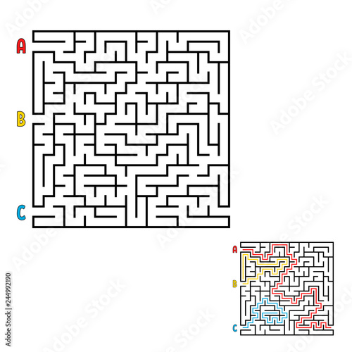 Abstract square maze. Game for kids. Puzzle for children. Find the right way to the exit. Labyrinth conundrum. Flat vector illustration isolated on white background. With the answer.