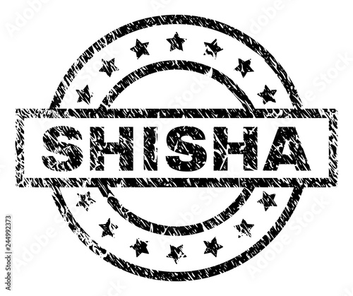 SHISHA stamp seal watermark with distress style. Designed with rectangle, circles and stars. Black vector rubber print of SHISHA title with grunge texture.