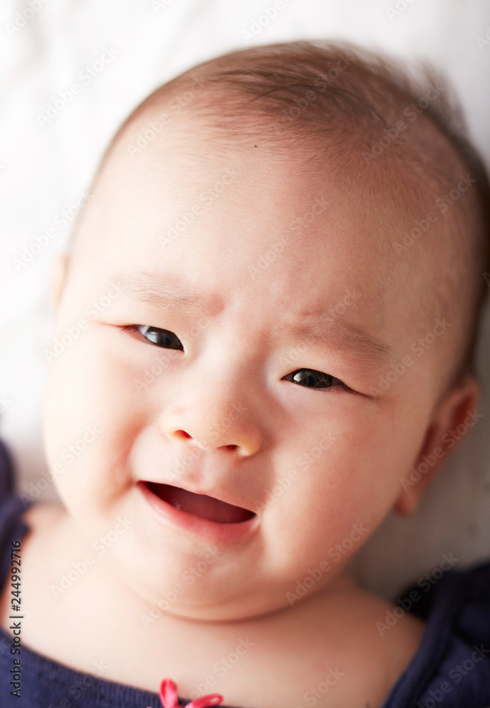 Closeup crying emotional Asian baby