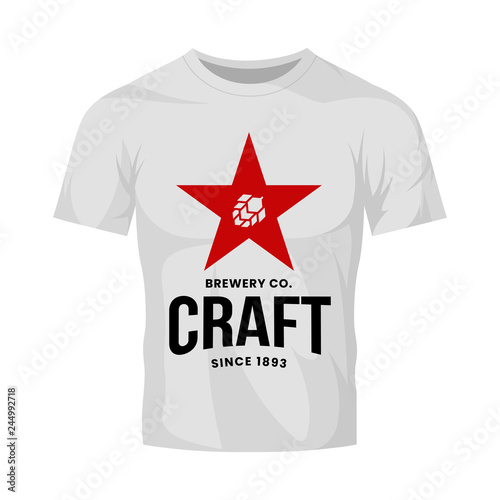 Modern craft beer drink vector logo sign for bar, pub, store, brewhouse or brewery isolated on white t-shirt mock up. Premium quality award logotype illustration. Brewing fest fashion badge design.