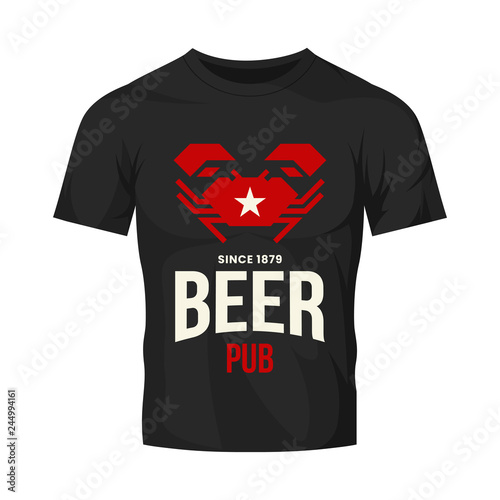 Modern craft beer drink vector logo sign for bar, pub, store, brewhouse or brewery isolated on black t-shirt mock up. Premium quality crab logotype illustration. Brewing fest fashion badge design.