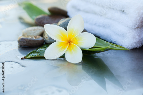 Tropical flower with towel and stones