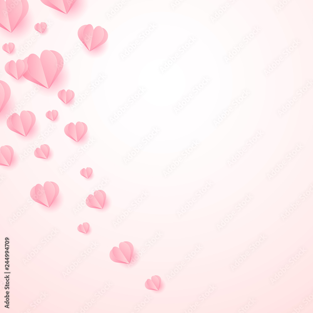 Happy Valentine's day background with paper cut pink hearts flying. Vector.