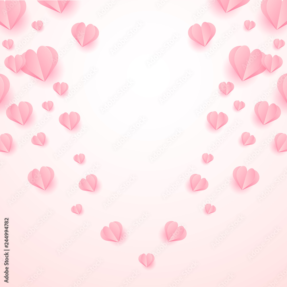 Happy Valentine's day background with paper cut pink hearts flying. Vector.
