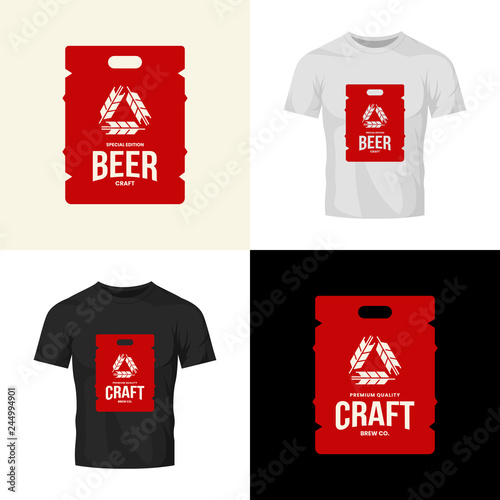 Modern craft beer drink vector logo sign for bar, pub, store, brewhouse or brewery isolated on t-shirt mock up. Premium quality keg logotype illustration set. Brewing fest fashion badge design bundle.