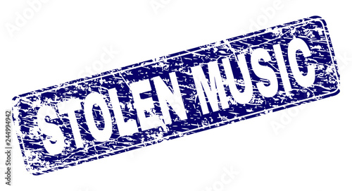 STOLEN MUSIC stamp seal print with grunge style. Seal shape is a rounded rectangle with frame. Blue vector rubber print of STOLEN MUSIC text with unclean style.