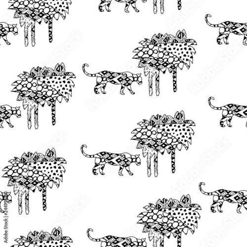 Vector seamless tropical zen art pattern with moving tiger under palms with different ornaments isolated on white background. Abstract geometric texture for wallpapers, web page, surface
