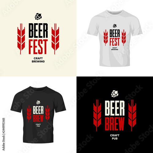 Modern craft beer drink vector logo sign for bar, pub, store, brewhouse or brewery isolated on t-shirt mock up. Premium quality emblem logotype illustration set. Brewing fest badge design bundle.