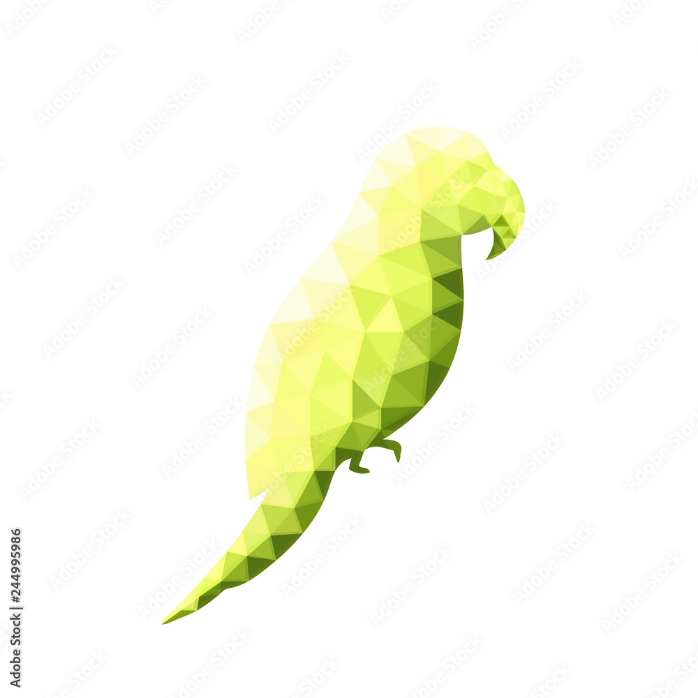 Obraz premium Low poly yellow-green silhouette of parrot side view isolated on white background. Simple exotic polygon stylized bright bird from triangles. Abstract polygonal geometric ara