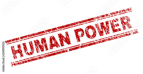 HUMAN POWER seal print with corroded style. Red vector rubber print of HUMAN POWER title with dust texture. Text title is placed between double parallel lines.