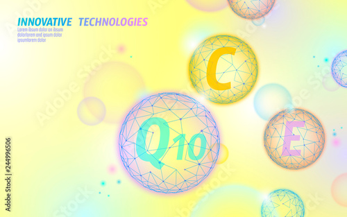 Vitamin complex low poly sphere bubble. Health supplement skin care healthy eating anti-aging pharmacy banner template. 3D coenzyme Q10, C, E. Medicine science vector illustration