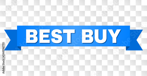 BEST BUY text on a ribbon. Designed with white caption and blue tape. Vector banner with BEST BUY tag on a transparent background.
